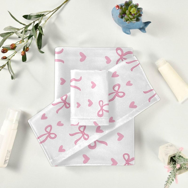 Dussdil Hearts Pink Ribbon Bow Bathroom Towel Set of 3 Pcs Hand Fingertip Bath Towels for Home Bathroom Hotel Gym Swim Washcloth Soft Thin Durable Highly Absorbent Multipurpose Decor - Image 5